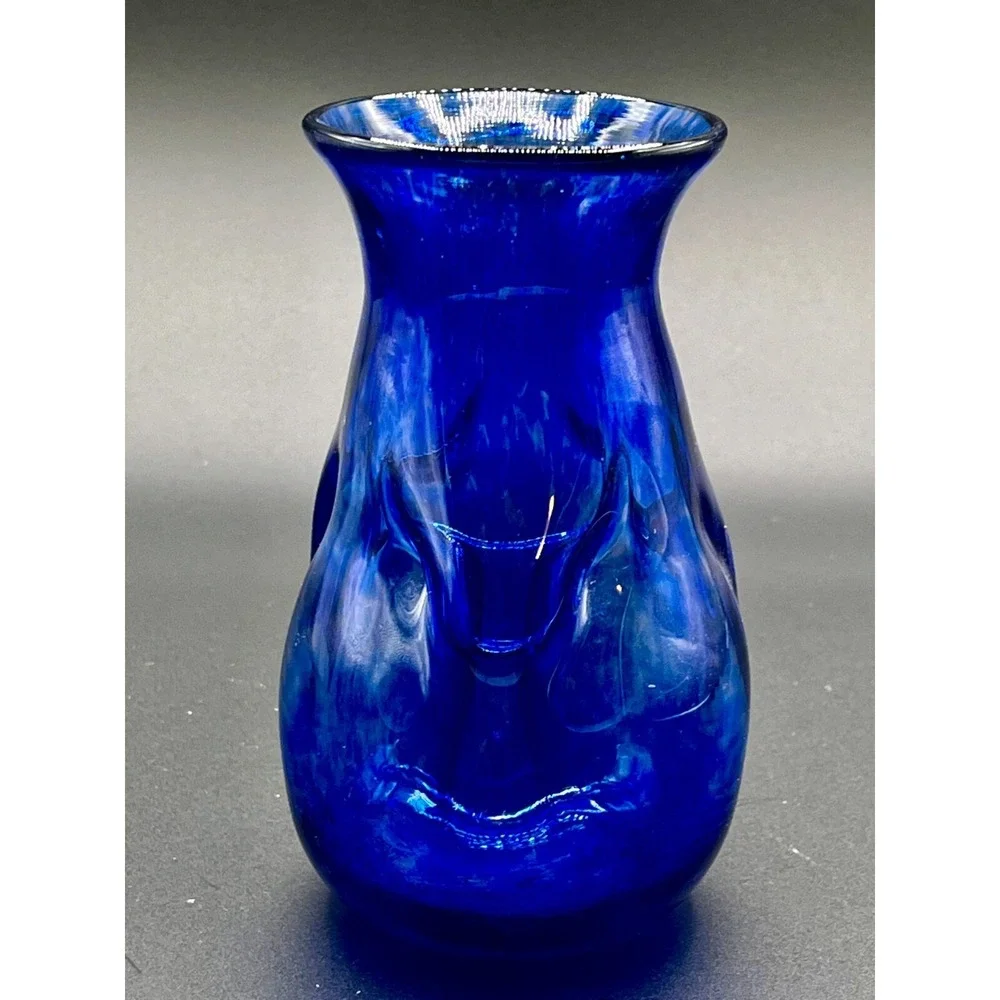 Vintage Cobalt Blue Hand Blown Glass Ruffle Vase. Hand Painted Lot‎ of two